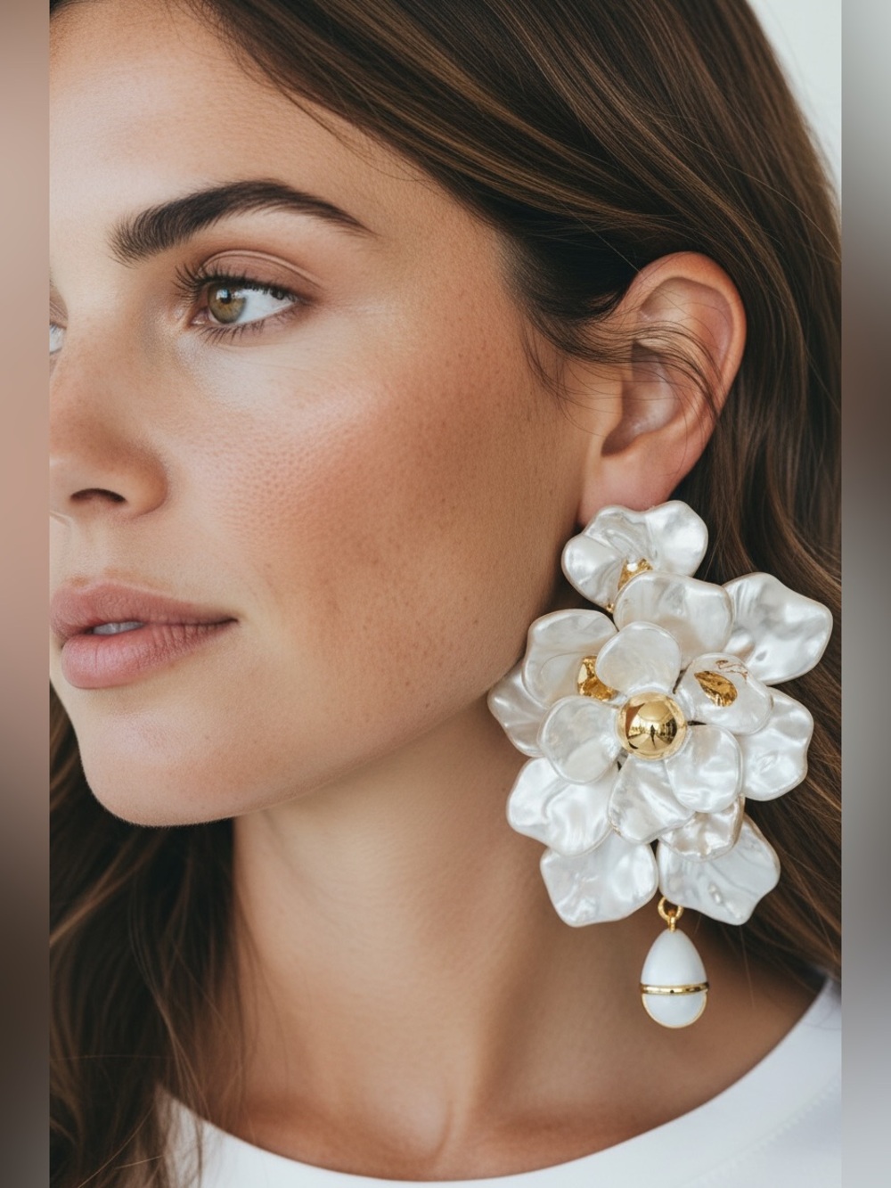 NWT Nicole Miller Shell Pearl Floral Statement Earrings with Gold Accents